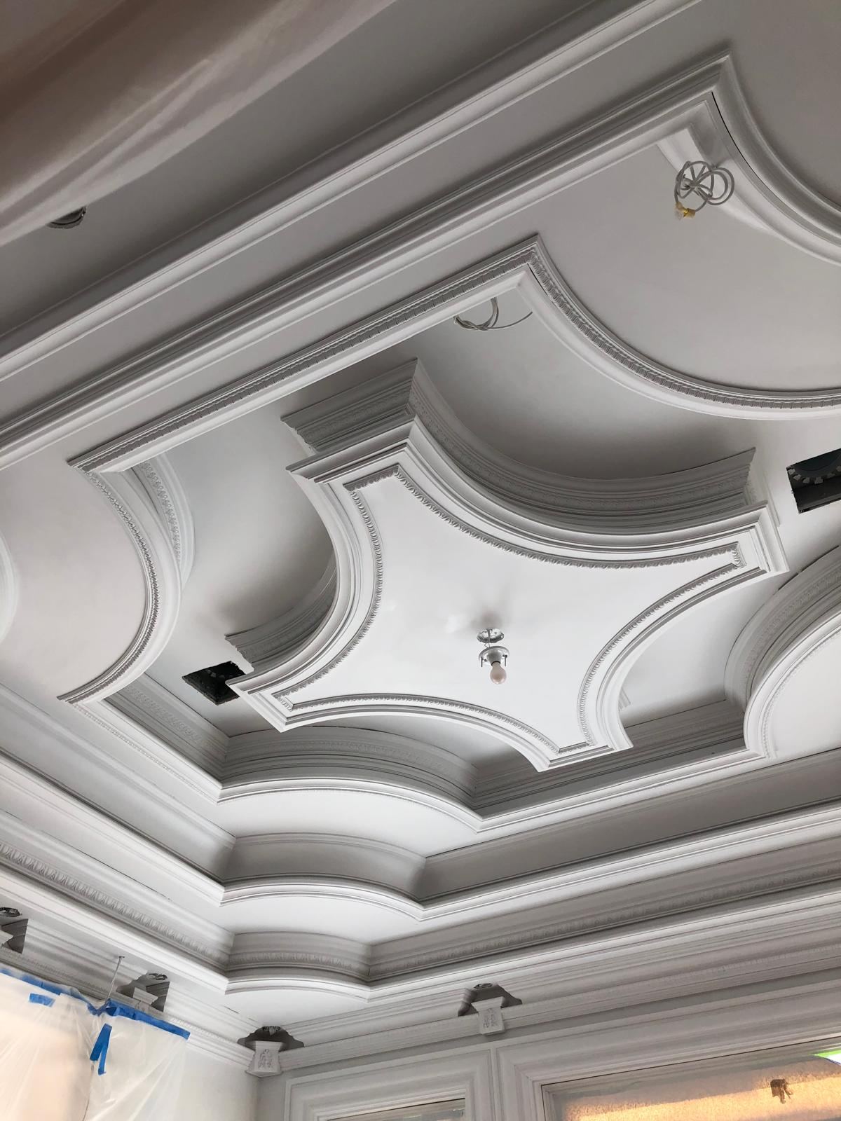 Ornate ceiling moldings finished in white